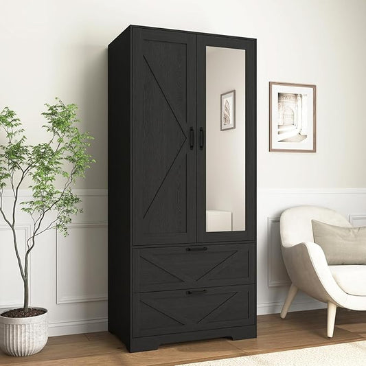Armoire Wardrobe Closet with Mirror and 2 Drawers, 72'' Bedroom Armoire Wardrobe Cabinet with Hanging Rod and Light,Wooden Bedroom Closet with Adjustable Shelf