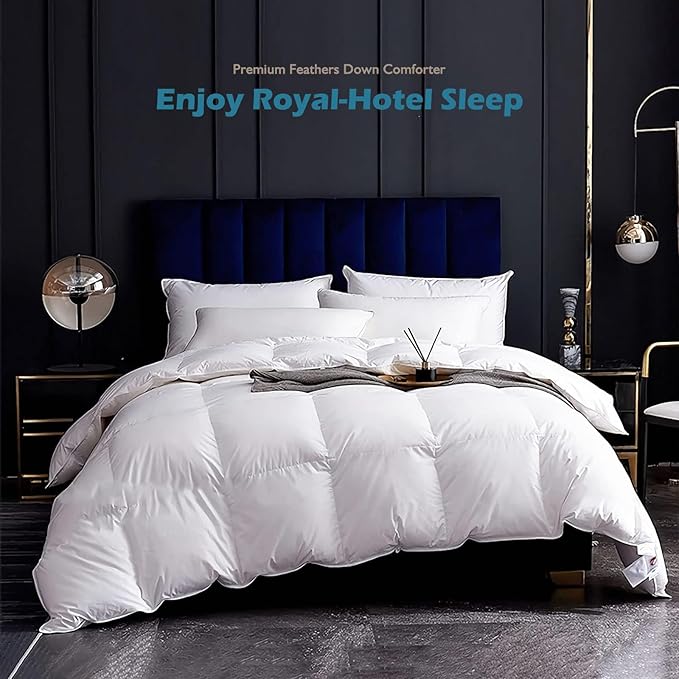 Cobnom® Luxury Organic Down Feather Comforter Oversized King, High Fill-Power Down Feather Fibers Duvet Insert with 100% Cotton Cover, Medium Warm for All-Season, Ivory White, 120x98 Inch