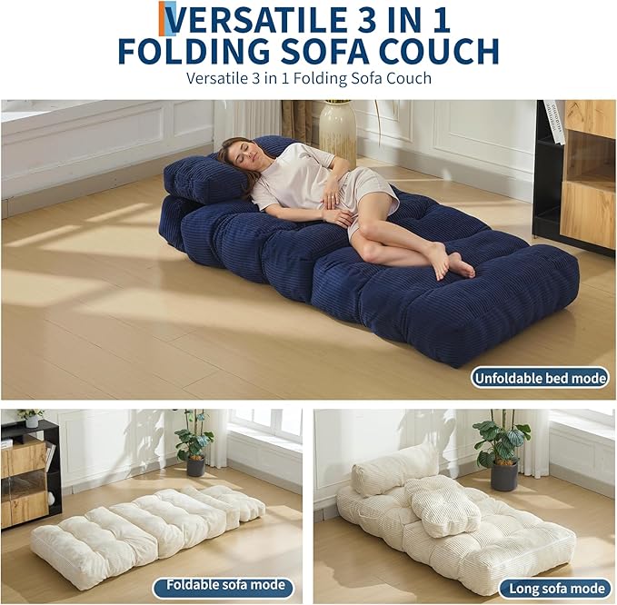 Folding Sofa Bed, Convertible Sleeper Chair with Pillow Foldable Matress with Back Support, Portable Fold Out Chair Bed Comfy Floor Sofa Lounge for Living Room Bedroom, Navy Blue, Single