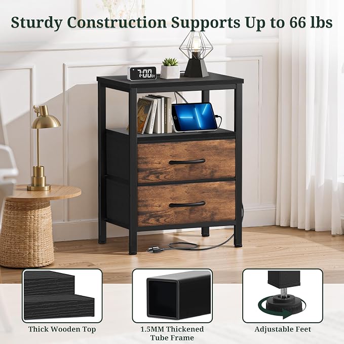 Nightstand with Charging Station, Bedside Table with USB Ports & Outlets, Small Dresser End Table with 2 Fabric Drawer and Open Storage Shelf, Wooden Top for Bedroom, Black & Brown - Image 5