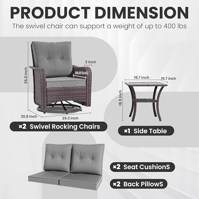 Gotland Outdoor Swivel Chairs Set of 2, 3 Pieces Patio Furniture Set with Thick Cushion, Wicker Rocking Patio Chairs Set of 2, Patio Bistro Set with Double-Layer Coffee Table for Balcony Porch Gray - Image 3