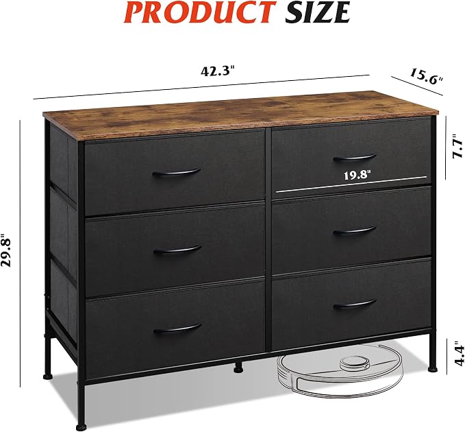 WLIVE Black Dresser for Bedroom with 6 Drawers, Dresser TV Stand for 50 Inches TV with Metal Frame, Wooden Top, Fabric Dresser for Closet, Hallway, Entryway, Black and Rustic Brown - Image 3