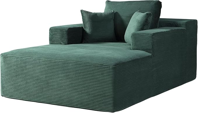 Monroe Convertible Chaise Lounge Chair Indoor – Oversized Corduroy Couch with Wide Armrest & Throw Pillows, Cozy Boneless Sleeper Sofa Bed Armchair, Dark Green