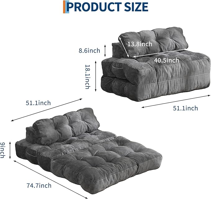 Folding Sofa Bed with Back Support, Convertible Sleeper Chair with Pilow Foldable Matress, Portable Fold Out Chair Bed Comfy Floor Sofa Lounge for Living Room Bedroom, Grey, Double