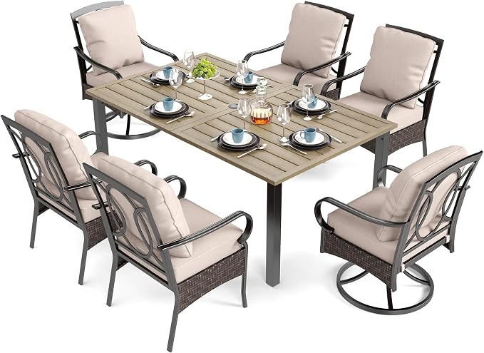 SUNSHINE VALLEY 7 Piece Patio Dining Sets for 6, Outdoor Table and Chairs with Cushioned Wicker Swivel & Leg Patio Dining Chairs & Wood-Like Dining Table, Outdoor Dining Sets for Lawn Garden Backyard - Image 9