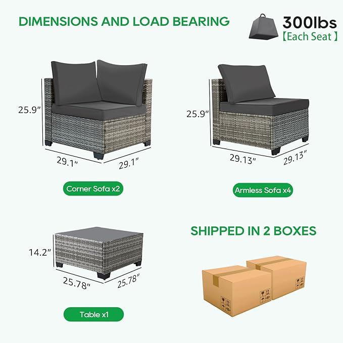 Patio Outdoor Furniture Set 7 Pieces Rattan Wicker Sectional Sofa Couch Conversation Set with Table for Deck Lawn, Gray Wicker/Gray Cushion