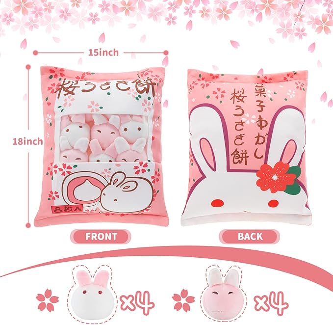 Civaner Kawaii Bunny Plush Pillow Cute Room Decor Cherry Blossom Throw Pillow Pink Removable Stuffed Animal Fluffy for Easter Home Birthday Spring Sakura Gifts Bag