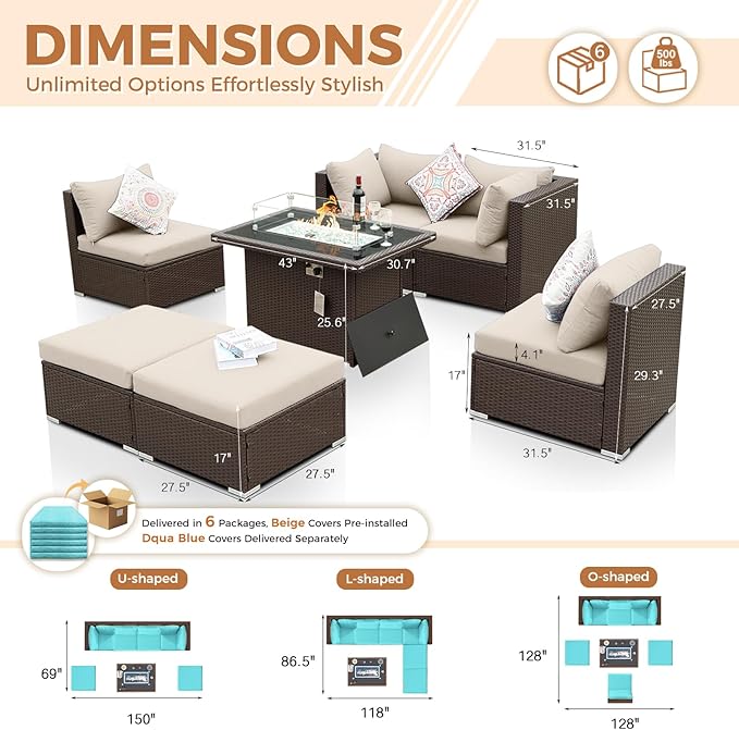 BULEXYARD 7 Pcs High Back Patio Furniture Set with Fire Pit Table Propane/Natural Gas Dual Fuel, Heavy Duty Outdoor Sectional Couch, XL Comfy Backyard Seating for Exterior, Brown Wicker & Teal Cushion