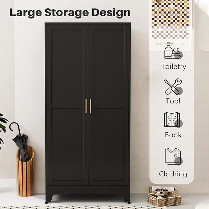 winiowa Metal Armoire Wardrobe Closet with 2 Doors, 71" Wardrobe Cabinet with Adjustable Shelves and Hanging Rod, Clothing Storage Cabinet Closet for Bedroom-Black