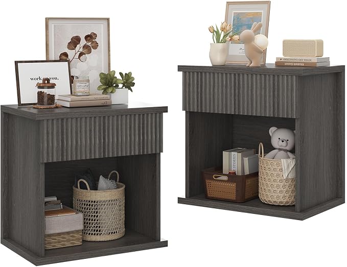 UNIQUITE Fluted Nightstand Set of 2, 22.8" Wide Nightstands with Drawer Storage Large Wood BedsideTable Night Stands for Bedroom, Grey Oak by UNIQUITE