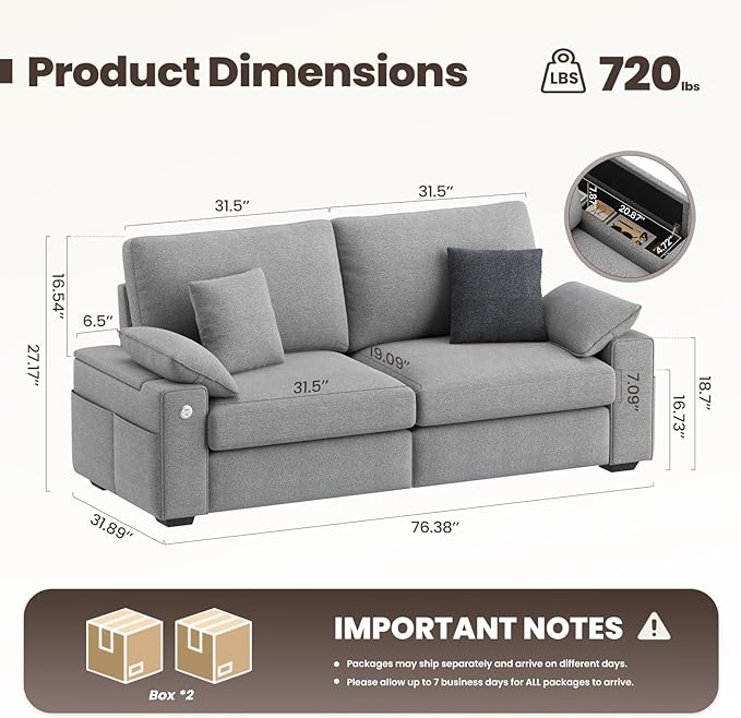 76" Loveseat Couch, 3 Seater Upholstered Midcentury Mondern Love Seat with USB Type C Ports, 4 Pillows and Storage Armrest Cloud Foam Sofa for Living Room/Small Spaces, Grey | Breathable material
