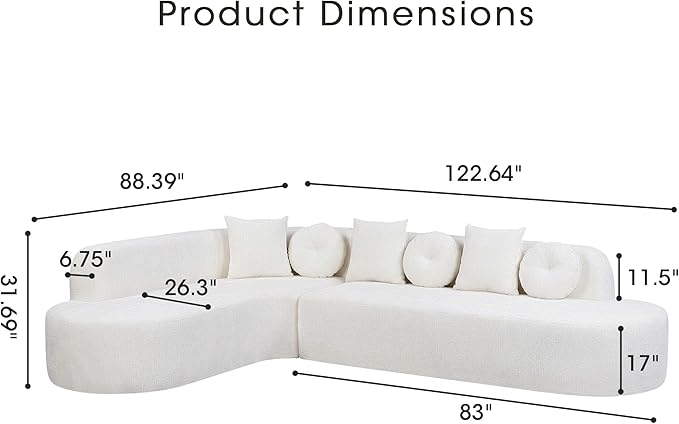 123" Boneless Modular Sectional Sofa, Modern Curved L-Shaped Cloud Foam Couch with High Density Sponge & Pocket Spring, Chenille Fabric, Non-Assembly Frameless Floor Sofa for Living Room | Plush, Wider Armrest