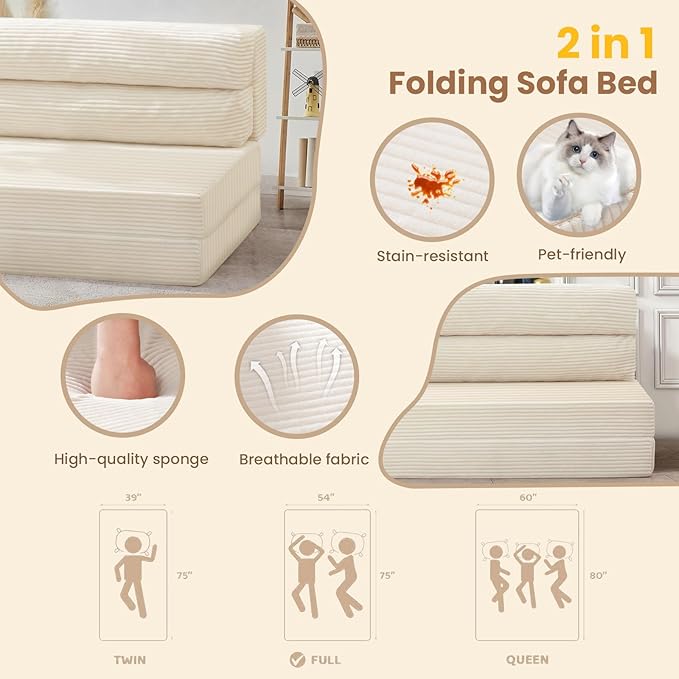 Folding Sofa Bed, Convertible Sleeper Chair with Pilow Foldable Matress, 2 in 1 Pull Out Loveseat Sofa Portable Fold Out Chair Bed Floor Couch Lounge for Living Room Bedroom (Beige, Twin)