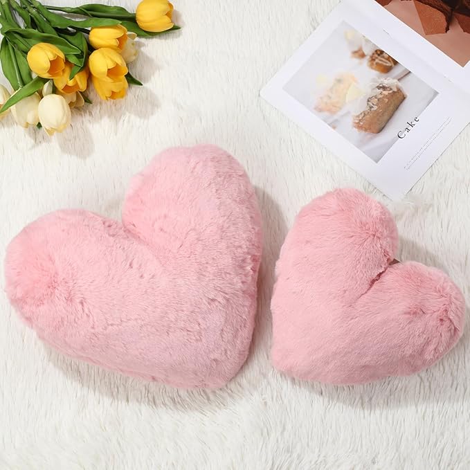 Marsui 2 Pcs Heart Throw Pillows, Soft Fluffy Faux Fur Decorative Hearts Shaped Pillows for Living Room Sofa Bed, Cute Heart Themed Gift for Women(Shrimp Pink,11.81 x 11.02, 16.73 x 13.78 Inch)