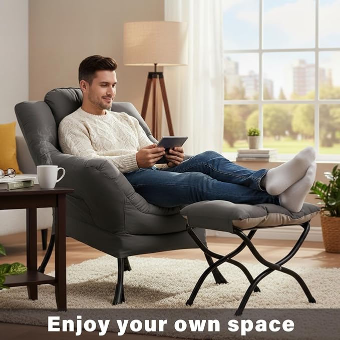 Lazy Chair with Ottoman, Large Dark Grey Accent Chair with a Side Pocket, Modern Leisure Upholstered Sofa Reading Armchair with Footrest for Office, Bedroom, Living Room, Dorm Rooms, Balcony