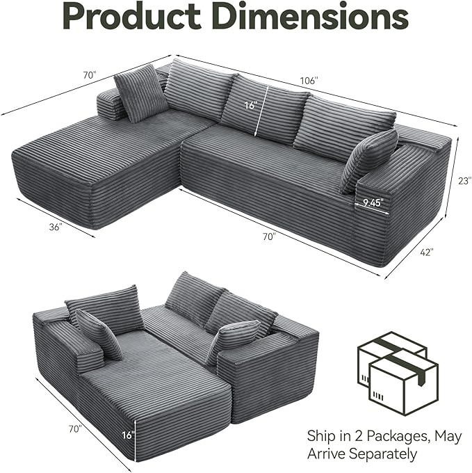 106" Modular Sectional Sofa, Grey Corduroy Cloud Couch with Right Chaise, Deep Seat Boneless Floor Sofa for Living Room, High-Resilience Foam Support, No Assembly Required, Includes Pillows | Sectional Sofa, Corduroy Cloud, Boneless, High-Resilience, N...