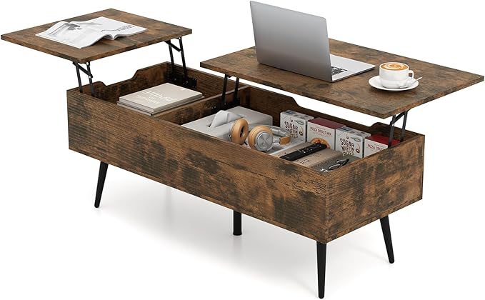 Tangkula Lift Top Coffee Table, Mid Century Modern Center Table with Split Top & 2 Hidden Compartments, Rectangle Accent Table with Tapered Metal Legs for Living Room (Rustic Brown)