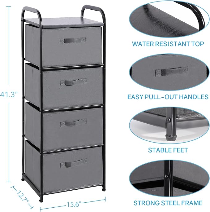 MAX Houser 4 Drawer Fabric Dresser Tall Storage Tower, Dresser Chest with Wood Top, Vertical Nightstand Side Organizer Unit with Metal Frame for Closets Bedroom Nursery Room Hallway(Leaden) - Image 3