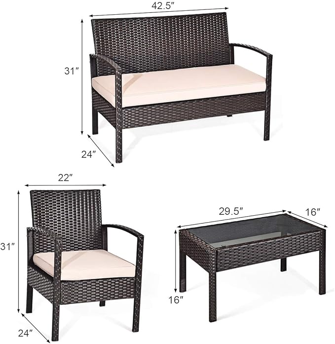 8 Pieces Patio Furniture Set, Wicker Conversation Set with Water-Resistant Cushion & Tempered Glass Table, 2 Set of Porch Deck Furniture Outdoor Rattan Chair for Backyard, Balcony(Beige)
