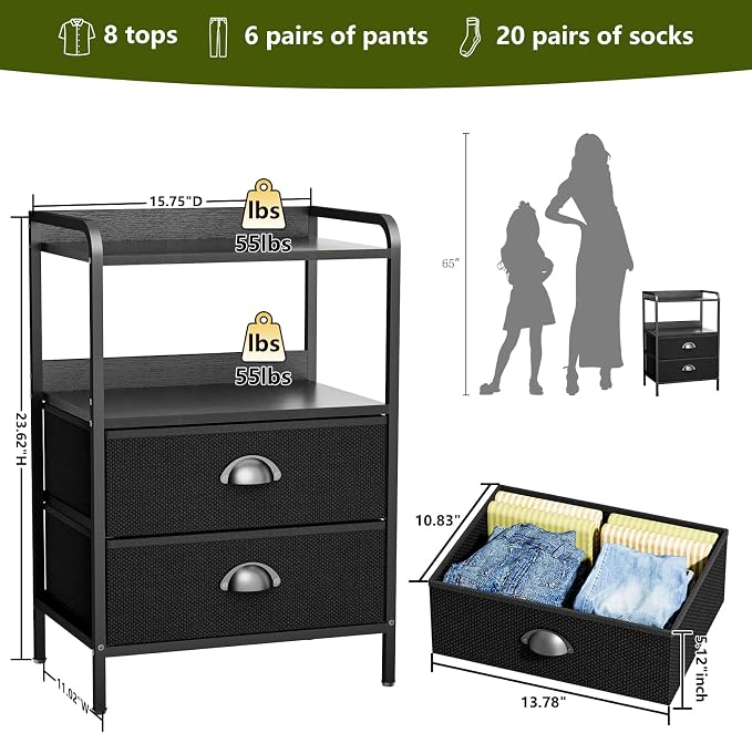 Night Stand Set 2, Nightstand with 2 Fabric Drawer, End Table with Open Shelf, Bedside Table Side Table with Wooden Top, Storage Drawer Dresser, Black - Image 3
