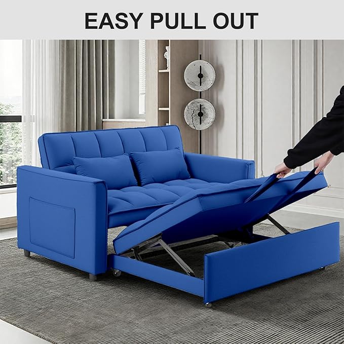 3 in 1 Pull Out Sofa Bed, 54" Sleeper Sofa Bed with 3-Level Adjustable Backrest, Velvet Fabric Loveseat Sleeper Couch for Living Room & Bedroom & Apartment & Dorm Furniture, Blue