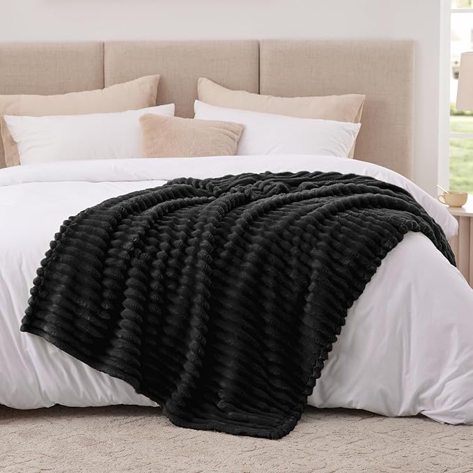 EXQ Home Fleece Throw Blanket for Couch or Bed - 3D Stripe Jacquard Decorative Blankets - Cozy Soft Lightweight Fuzzy Flannel Blanket Suitable for All Seasons(50"??60",Black)