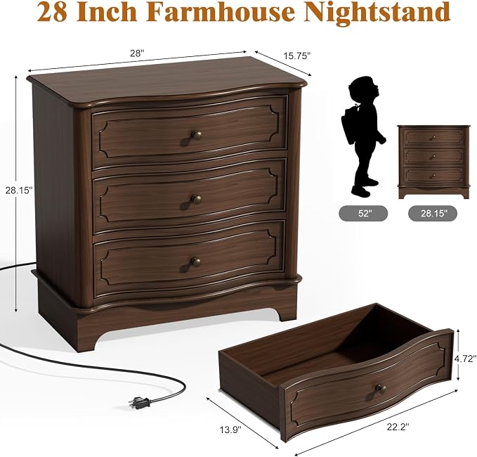 3 Drawers Dresser for Bedroom with Charging Station, 28" Wide Small Chests of Drawers, Farmhouse Wood Nightstand Bedside Cabinet End Table for Bedroom, Living Room, Closet, Hallway - Image 2