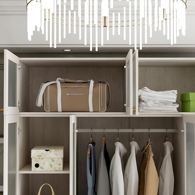 4 Door Wardrobe Armoire Closet with Hanging Rods & 2 Drawers, Bedroom Armoire with Frosted Glass Doors, Top Cabinets & Gold Handles, Wood Grain, 19.7”D x 63”W x 86.6”H