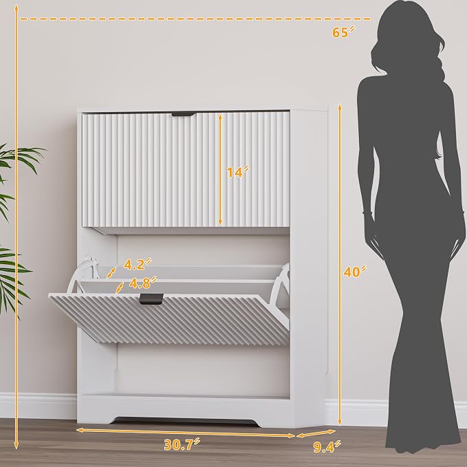 BORNOON Shoe Cabinet with 2 Flip Drawers, Fluted Shoe Storage Cabinet with Adjustable Shelves, Freestanding Rack and Organizer for Entryway, Closet, Hallway - Image 2