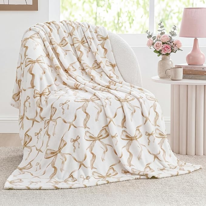 Buryeah Beige Bow Throw Blanket Valentine's Day Galentines Day Gifts Preppy Blanket Coquette 50 X60 Flannel Soft Cute Bow Lightweight Aesthetic Room Decor for Women Friends for Sofa Couch Travel Bed