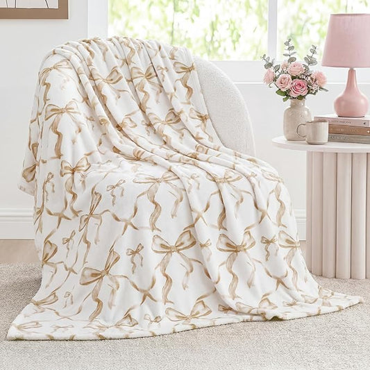 Buryeah Beige Bow Throw Blanket Valentine's Day Galentines Day Gifts Preppy Blanket Coquette 50 X60 Flannel Soft Cute Bow Lightweight Aesthetic Room Decor for Women Friends for Sofa Couch Travel Bed