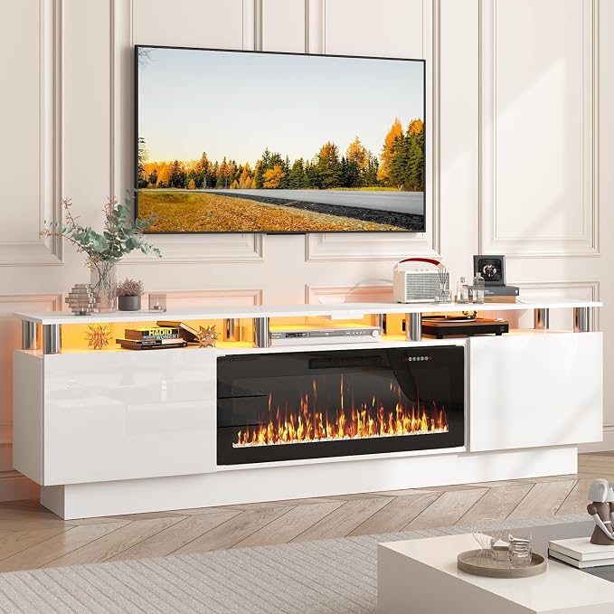PUKAMI 70" Fireplace TV Stand with 36" Electric Fireplace, LED Light Entertainment Center with Storage, 2 Tier Modern Wood Media TV Console with Highlight Cabinet for Living Room, White by PUKAMI