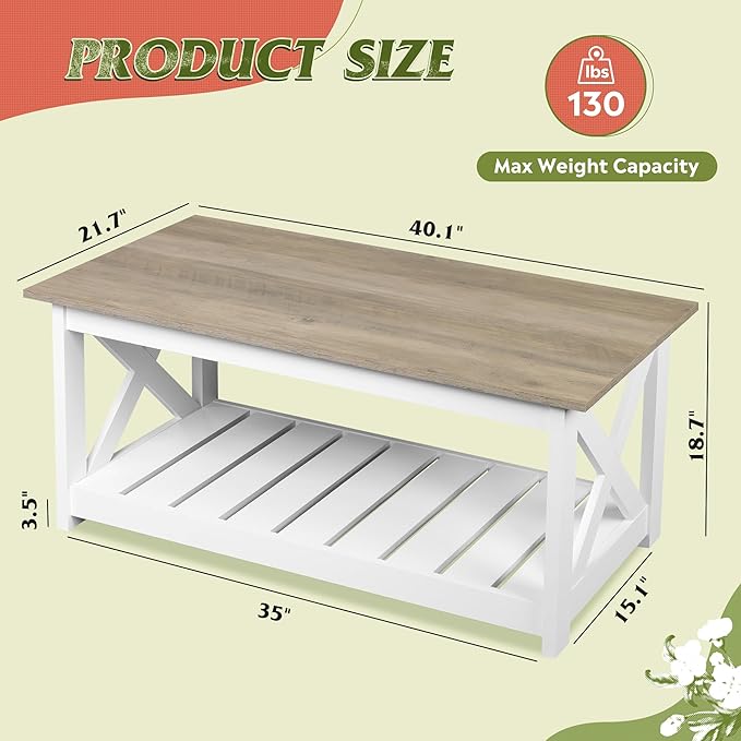 WLIVE Farmhouse Coffee Table for Living Room, 40.1" Rustic Center Table with X-Frame Support & Storage Shelf, 2-Tier Wood Coffee Tables for Bedroom & Balcony, White