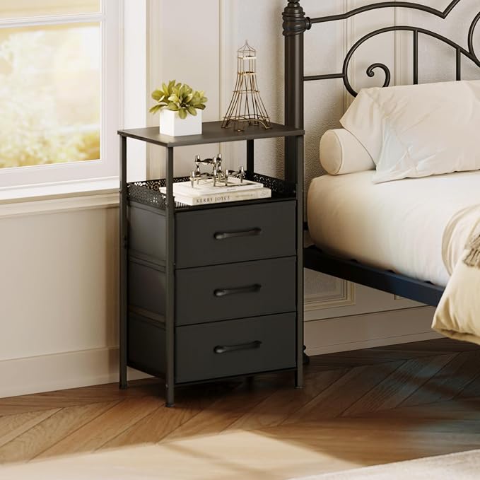 JARHETUN Nightstand Set of 2, Night Stands with 3 Fabirc Drawers, 26.4 Inch Tall Bedside Table with Metal Shelf, Modern Side End Table Storage Furniture, Small Dresser for Bedroom, Black - Image 2