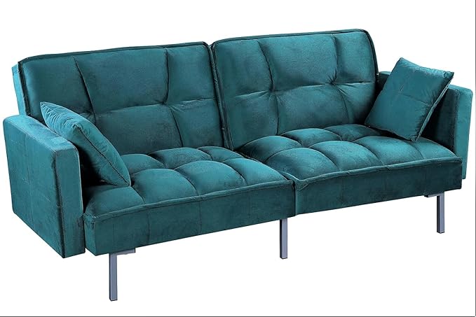 Regal 75.6" Velvet Convertible Sofa Bed - Mid-Century Sleeper Couch w/Tufted Design & Metal Legs - Pull-Out Futon for Guests/Home (75.6" W x 34.6" D x 32" H), Blue