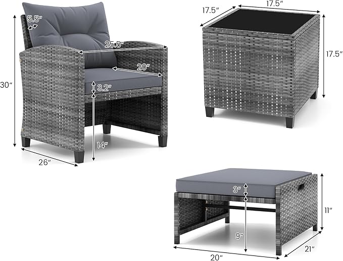 Tangkula 5 Pieces Patio Conversation Set, PE Wicker Rattan Outdoor Furniture Set with 2 Chairs, 2 Ottomans & Tempered Glass Coffee Table, Ideal for Poolside, Backyard, Lawn, Deck, Grey
