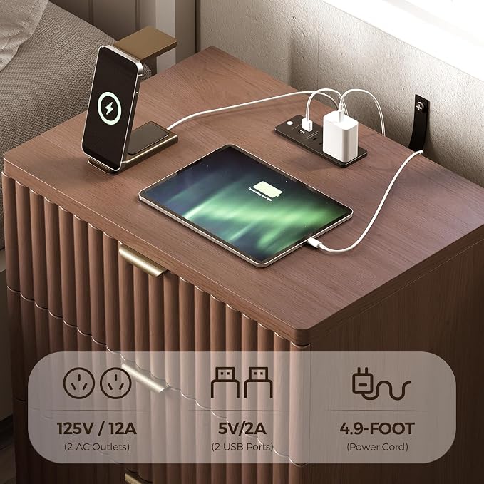 Nightstands Set of 2, Nightstand with Charging Station & 3 Drawers Storage Bedside Table Large Fluted Bed Side End Table, Modern Nightstand for Bedroom Living Room (Walmut) - Image 4