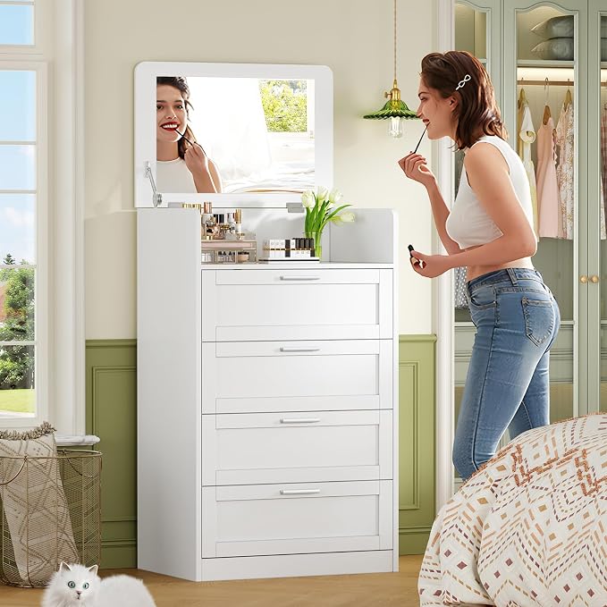 TEENFON Dresser for Bedroom, Tall White Dresser with 4 Drawers, Dressers with Mirror, Chest of Drawers for Bedroom, Living Room, Closet, Hallway, White - Image 5