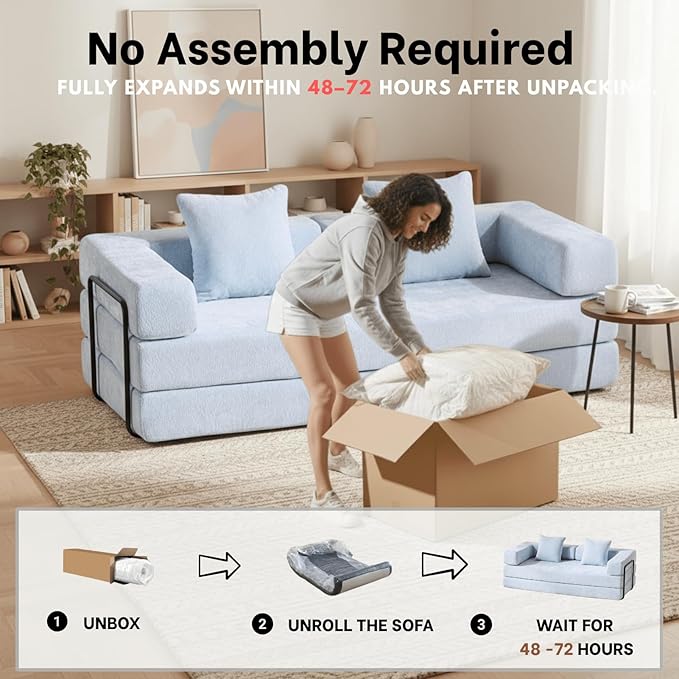 4-in-1 Folding Convertible Sofa Bed, 77" Floor Couch with Pillow - Chenille Fabric & High-Density Sponge & Fixed-Shape Frame, Modular Sofa for Living Room/Lounge/Studio, Blue