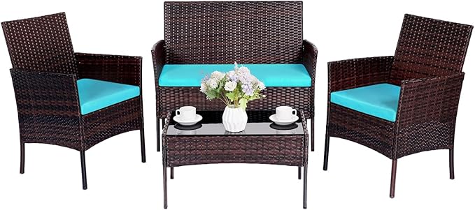 Patio Furniture Set 4 Pieces, Outdoor Rattan Furniture with Tempered Glass Coffee Table, Modern Rattan Patio Chairs Conversation Sets with Sofa for Garden, Terrace, Porch, Lawns Brown/Blue