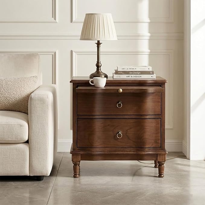 HULALA HOME Solid Wood Storage End Table with Hidden Pull-Out Shelf, Transitional 2 Drawer Side Table with Charging Station, Large SideTable with USB Ports, Easy Assembly, Walnut by HULALAHOME