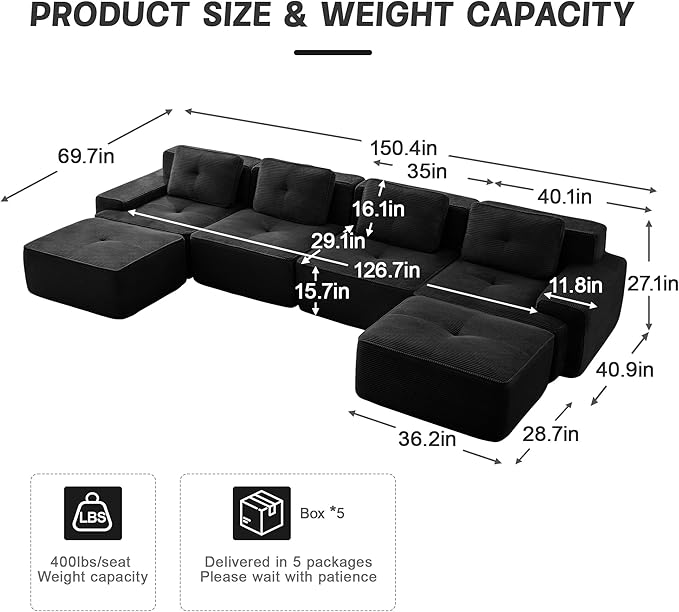 Casaphoria 150'' Boneless Sectional Sofa, Corduroy 4-Seater Cloud Couch with 4 Pillows & 2 Ottomans for Living Room, U-Shaped Deep Seat Modular Sofa for Apartment, No Assembly, Black