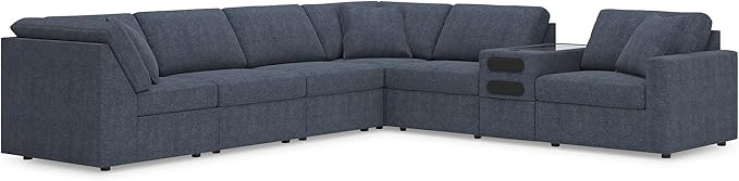 Signature Design by Ashley Modmax Contemporary Stain Resistant Right-Arm Facing 7-Piece Sectional with Audio Console, Armrest, Throw Pillows, Reversible Cushions and USB Port, Blue