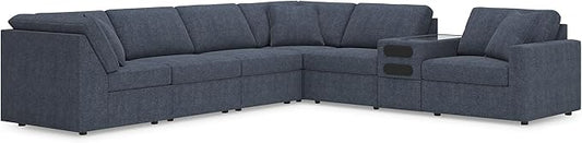 Signature Design by Ashley Modmax Contemporary Stain Resistant Right-Arm Facing 7-Piece Sectional with Audio Console, Armrest, Throw Pillows, Reversible Cushions and USB Port, Blue