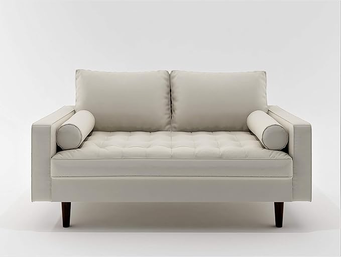 Womble Mid Century Modern Couch with Bolster Pillows, PU Leather Upholstered Tufted Seat, Versatile Retro Design for Comfortable Living Spaces, Loveseat, Sleek White