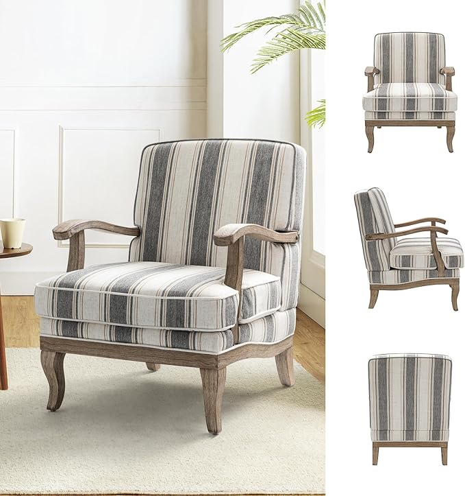 HULALA HOME Mid-Century Modern Chair Set of 2, Upholstered Accent Chair with Graceful Curves and Wooden Legs, Comfy Lounge Armchair Striped Accent Chairs for Living Room, Bedroom (Stripe)