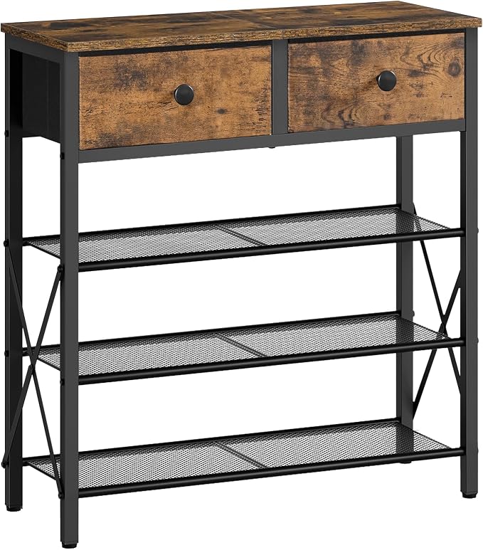 YATINEY 4 Tier Shoe Rack, Large Capacity Shoe Storage Organizer, Metal Shoe Shelf with Drawer and Wooden Top, for 16 Pairs of Shoes, for Entryway, Closet, Rustic Brown and Black SS24BR by Yatiney