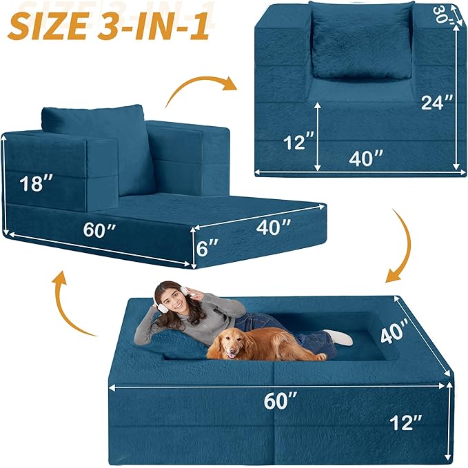 Futon Sofa Bed with Pillow, 3-in-1 Sleeper Sofa Bed with Removable Cover, Convertible Floor Sofa Bed, No Assembly Boneless Couch for Living Room, Bedroom