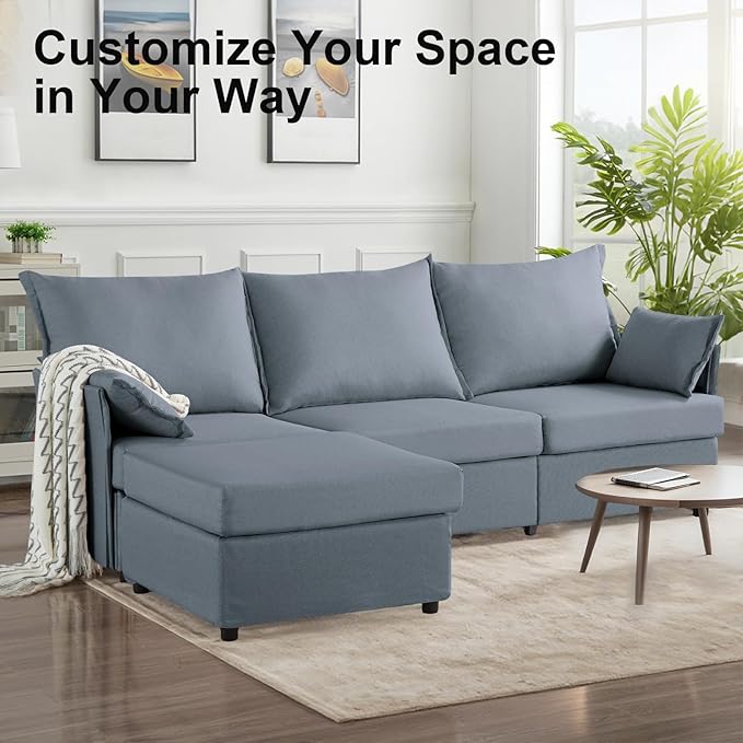93.7” Sectional Sofa with Movable Ottoman, 3 Seaters L Shaped Couch Modular Sofa Bed with 2 Armrest Pillows, Small Sectional Couch for Living Room Bedroom Small Space Furniture, Gray