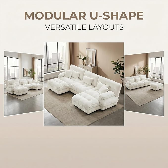 133.8" U-Shaped Cloud Couch, Oversized Modular Sectional Sofa, Deep Seat Cloud Boneless Couch, 3-Seat Modular Sectional Sofa with 2 Ottoman or Living Room,Bedroom and Apartment, White